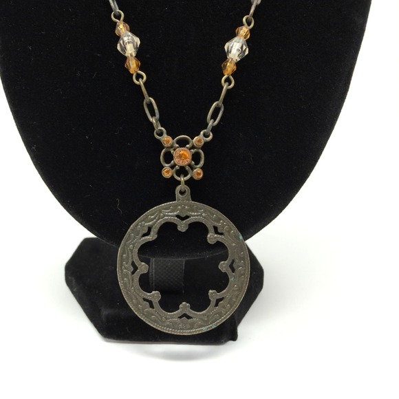 Vintage NY Pendant Beaded Necklace Amber Crystal Boho 10.5 Inch - Picture 3 of 7